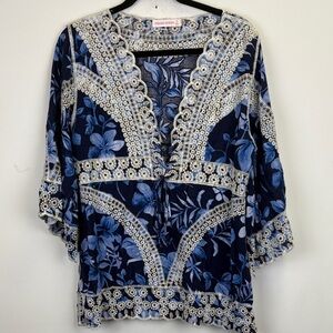PARAMI DESIGN Lacey Embroidery Blue&White Bell Sleeves Lace Up Accent Boho/ Sz M